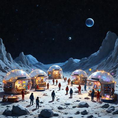 The primary subject of the image is a group of people standing in a snowy environment, possibly on a moon or a snowy planet. They are wearing red clothing, and there are several small, round, glass-like structures scattered around them. The setting appears to be a wintery landscape, with a night sky visible in the background. The visual style of the image is a combination of photo and digital art, creating a unique and intriguing atmosphere. The colors and mood of the image are predominantly cold and dark